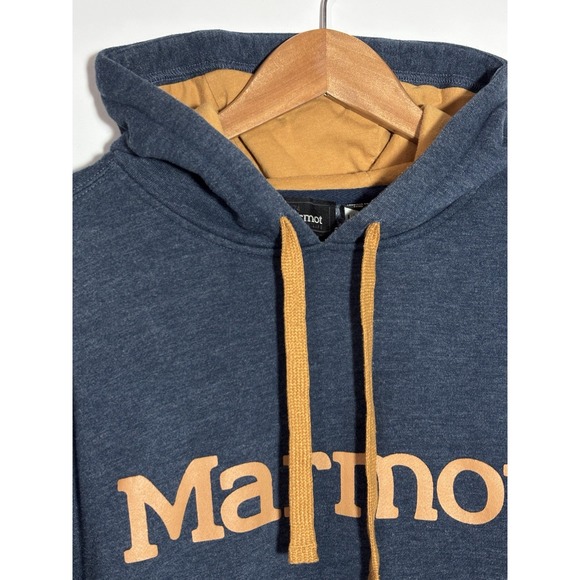 Marmot Mens Large Fleece Lined Pullover Logo on Front Blue Hoodie Sweatshirt - Picture 3 of 10